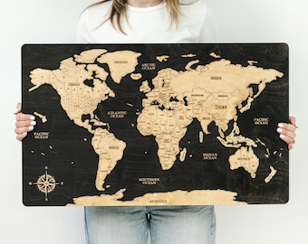 Wooden World Travel Map Wall Art Wooden Map Of The Wood Wall Map New Apartment Gift Farmhouse Decor 6th Anniversary Gift For Dad
