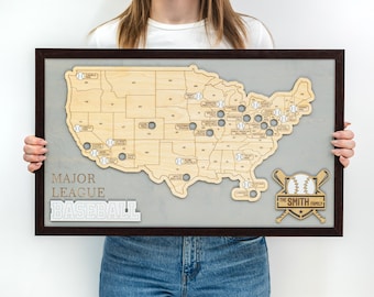 MLB Stadium Map Baseball Stadium Tracker Stadium Travel Map MLB Map Handmade Ballpark Map Gift for Him Christmas Gift Baseball Map