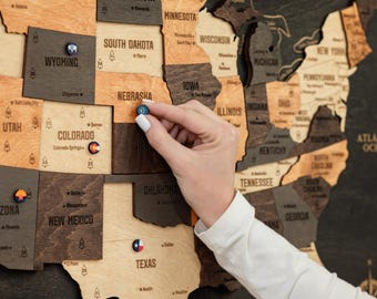 3D Wooden USA Map with States, Capitals and National Parks - Interactive Travel Wall Art with State Flags and National Parks Tokens