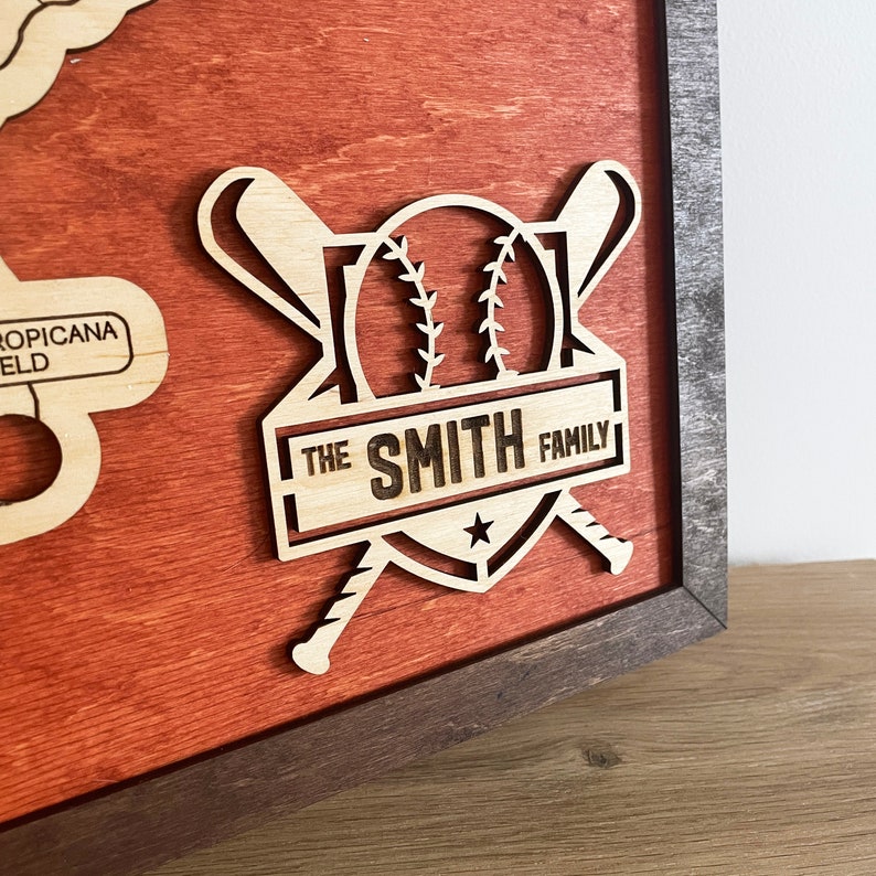 May include: A wooden sign with a baseball, bats, and the text "The Smith Family". The sign is on a red wooden background and has a dark brown frame.