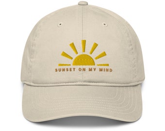 Organic, Distressed 'Sunset on my mind' Cap with Embroidered Sunset | Unisex Hat | Stylish Hat for a Dreamy Vibe | Summer Fashion