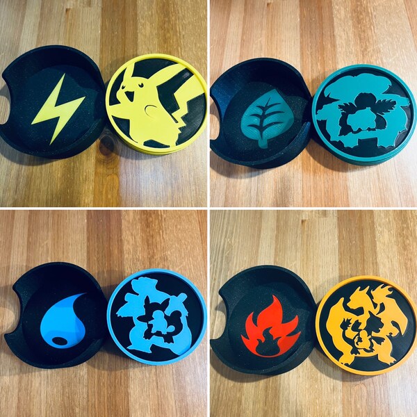 Pokemon Coaster Set Evolutions: Pikachu, Charmander, Squirtle or Bulbasaur, Set of 4 coasters with pokemon type holder. Anti-slip, stackable