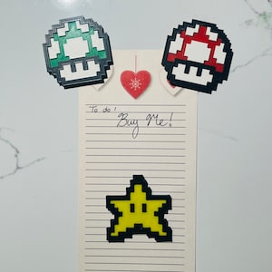 Super Mario Magnet: Retro 8-bit Mushroom, Pixel Star, Kitchen Decor, Office / Cubicle Decor, Refrigerator Magnets
