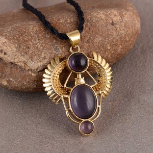 Gold Amethyst Scarab Pendent, Scarab Necklace, Brass Pendant, Talisman Pendant, Unique Jewelry, Handmade Jewelry, Dainty Ring, Boho Necklace