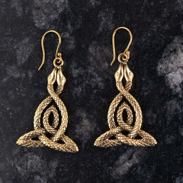 Viking Triangle Earring, 2 Snakes Earrings, Celtic Earrings, Dangle Earrings, Handmade Jewelry, Gold Snake Earrings, Gift For women
