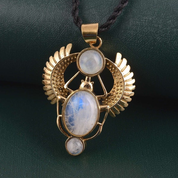 Moonstone Necklace, Brass Scarab Necklace, White Scarab Necklace, Egyptian Beetle Jewelry, Halloween Gift, Boho, Inca, Ethnic, Illuminati