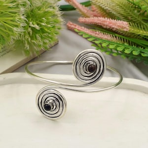 Silver Obsidian Silver Spiral Upper Arm Cuff, Handmade Arm Band, Adjustable Arm Bracelet