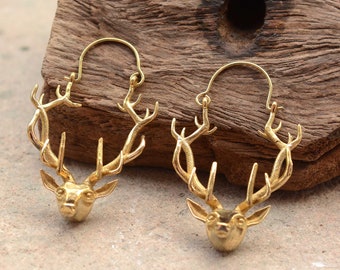 Golden Deer Hoop Earrings, Horn Earrings, Hoop Earrings, Brass Earrings, Personalized Gifts