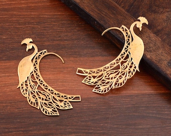 Gold Feather Ear Cuff, Peacock Ear Cuff, Brass Cuff Earpiece, Pierceless Earrings, Bohemian Jewelry, Handmade Ear Cuff, Gift For Her