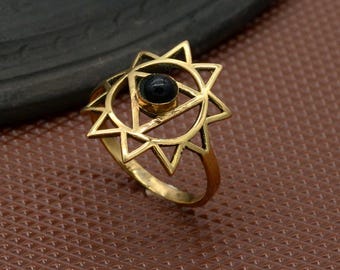 Chakra Healing Ring, Obsidian Ring, Spiritual Ring, Gold Brass Jewelry, Triangle Ring, Vintage Geometric Ring, Statement Ring, Gift For Her