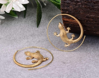 Gold Lizard Hoop Earrings, Spiral Hoop Earrings, Brass Earrings, Reptile Earrings, Tribal Earrings, Bohemian Earrings, Valentine Gift