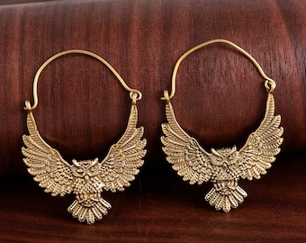 Gold owl earrings, Bird earrings, Handmade earring, Bohemian earrings, Brass earrings, Vintage jewelry, Gift for her, Wedding earring