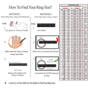 May include: A chart showing two methods for finding your ring size, using either a piece of twine or a ruler. The chart includes a conversion table with ring sizes in inches, millimeters, and US sizes.
