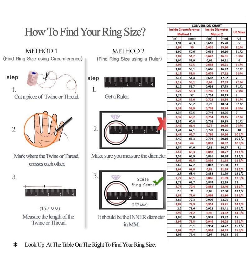 May include: A chart showing two methods for finding your ring size, using either a piece of twine or a ruler. The chart includes a conversion table with ring sizes in inches, millimeters, and US sizes.