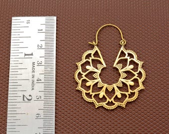 Gold Mandala Hoop Earrings, Boho Tribal Earrings, Gift For Her, Ethnic Brass Earring, Handmade Jewelry, Festival Jewelry, Handmade Gift