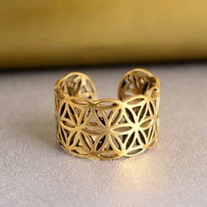 May include: A gold-colored adjustable ring with a geometric floral pattern. The open-ended ring features a series of interconnected triangle shapes, creating a delicate, openwork design. The ring is set against a neutral background.