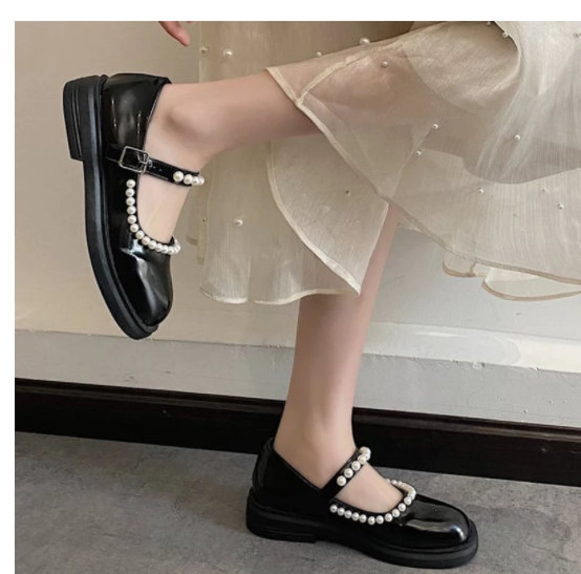Black Patent Leather Pearl Mary Jane Shoes for Women Square Etsy