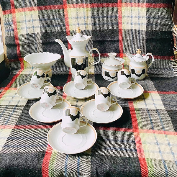 Horse coffee set for 6 people, teapot set, mid-century retro kitchen decor, tea cup set, tea set with kettle, USSR coffee set