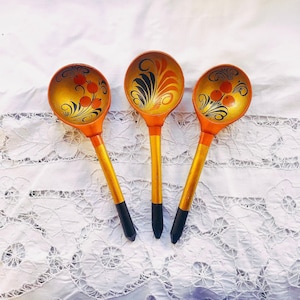 Antique Russian traditional Khokhloma wooden spoons with hand-painted / red gold and black / Ukrainian ethnic crafts / set of 3 pieces