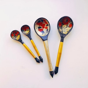 Antique Russian traditional Khokhloma wooden spoons with hand-painted / red gold and black / Ukrainian ethnic crafts / set of 4 pieces