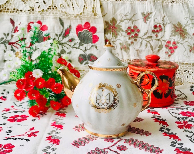 Soviet Teapot Olympiada, Vintage Russian Dishes With Flowers Gold Red