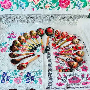 Antique russian traditional khokhloma wooden spoons with hand painted / red gold and black / russian ethnic craft / set of 19 pieces