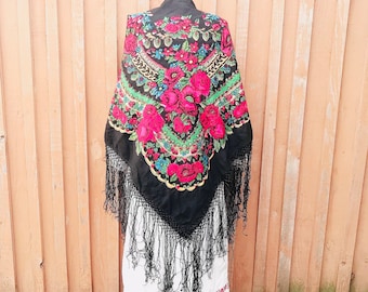 Zwarte sjaal Vintage Oekraïense sjaal Wol bloemen sjaal Oekraïense sjaal Zwarte sjaal USSR sjaal USSR sjaal Wrap