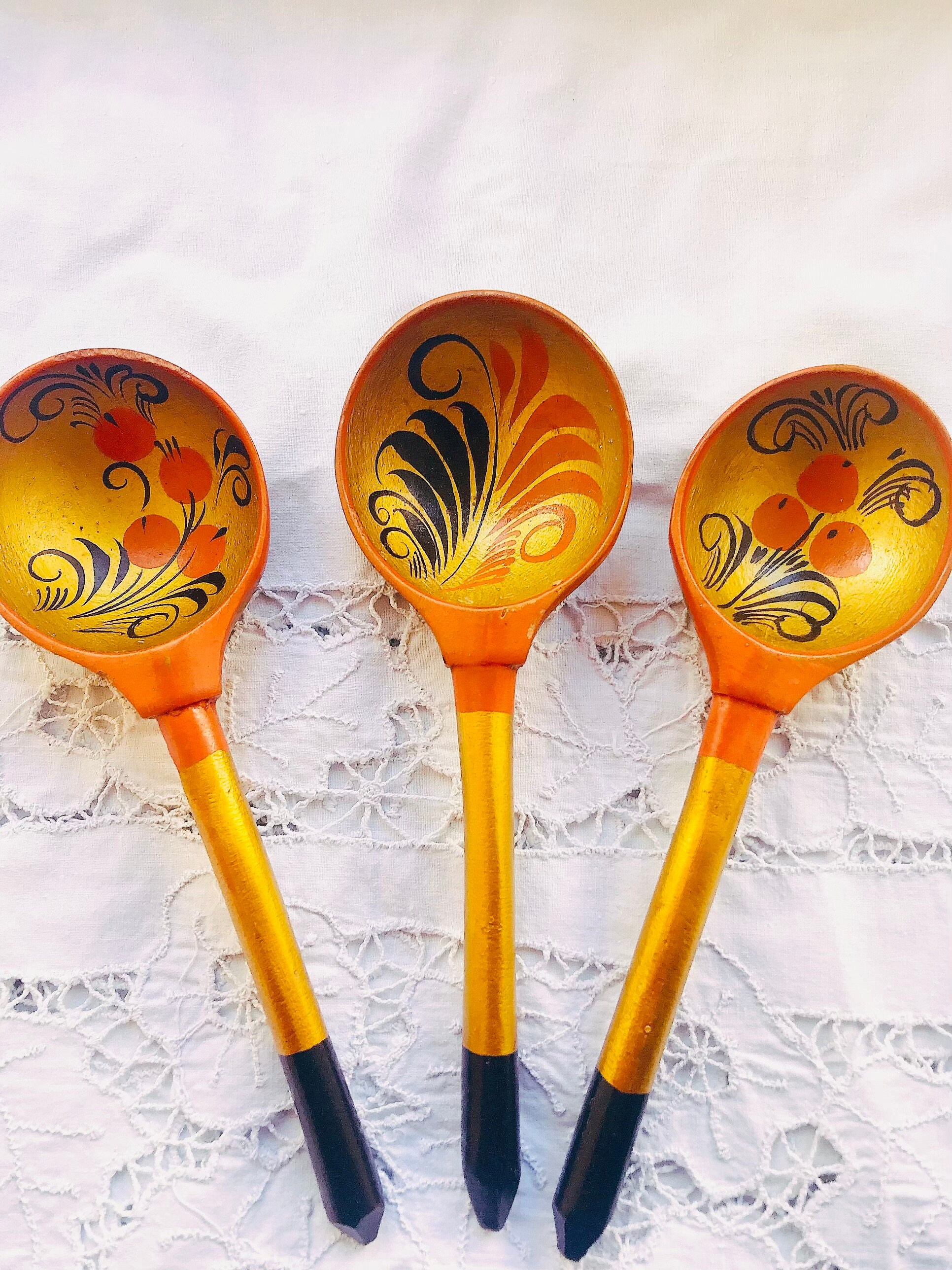 Antique Russian Traditional Khokhloma Wooden Spoons With Hand