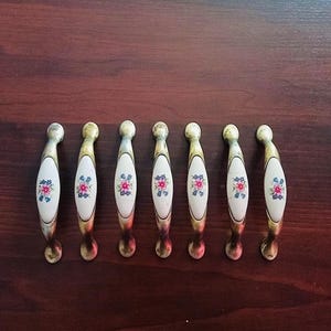 Antique bronze porcelain door handles from the Victorian era with floral ornamentation