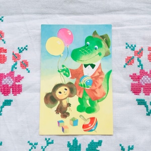 Cheburashka, Krokodil Gena, Auto, Santa, Gebruikte Ansichtkaart, Sovjet Vintage Ansichtkaart, USSR Ministerie van Communicatie