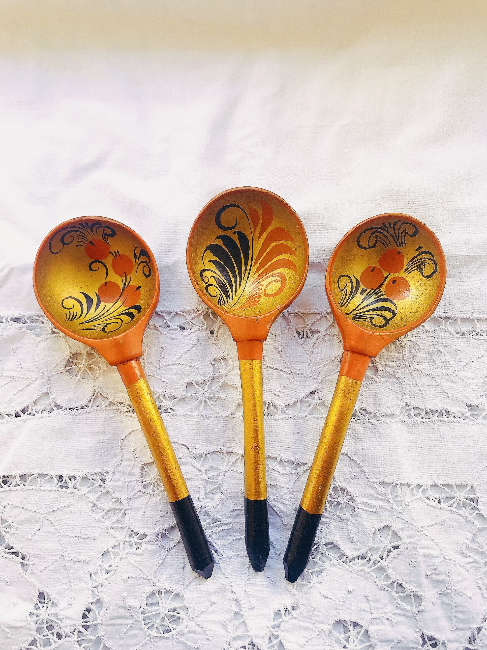 Antique Russian Traditional Khokhloma Wooden Spoons With Hand