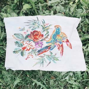 Embroidered painting Parrot on a branch, cross stitch on vintage fabric, embroidered paintings, Ukrainian tapestries, handmade