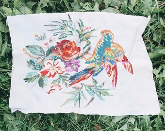 Embroidered painting Parrot on a branch, cross stitch on vintage fabric, embroidered paintings, Ukrainian tapestries, handmade