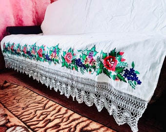 Hand embroidered ukrainian bed sheet valance antique vintage romanian homespun fabric traditional folk wedding cotton antique bed linen
