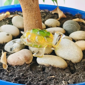 May include: A glass turtle figurine with a yellow and green body, sitting on a bed of small rocks in a blue pot.