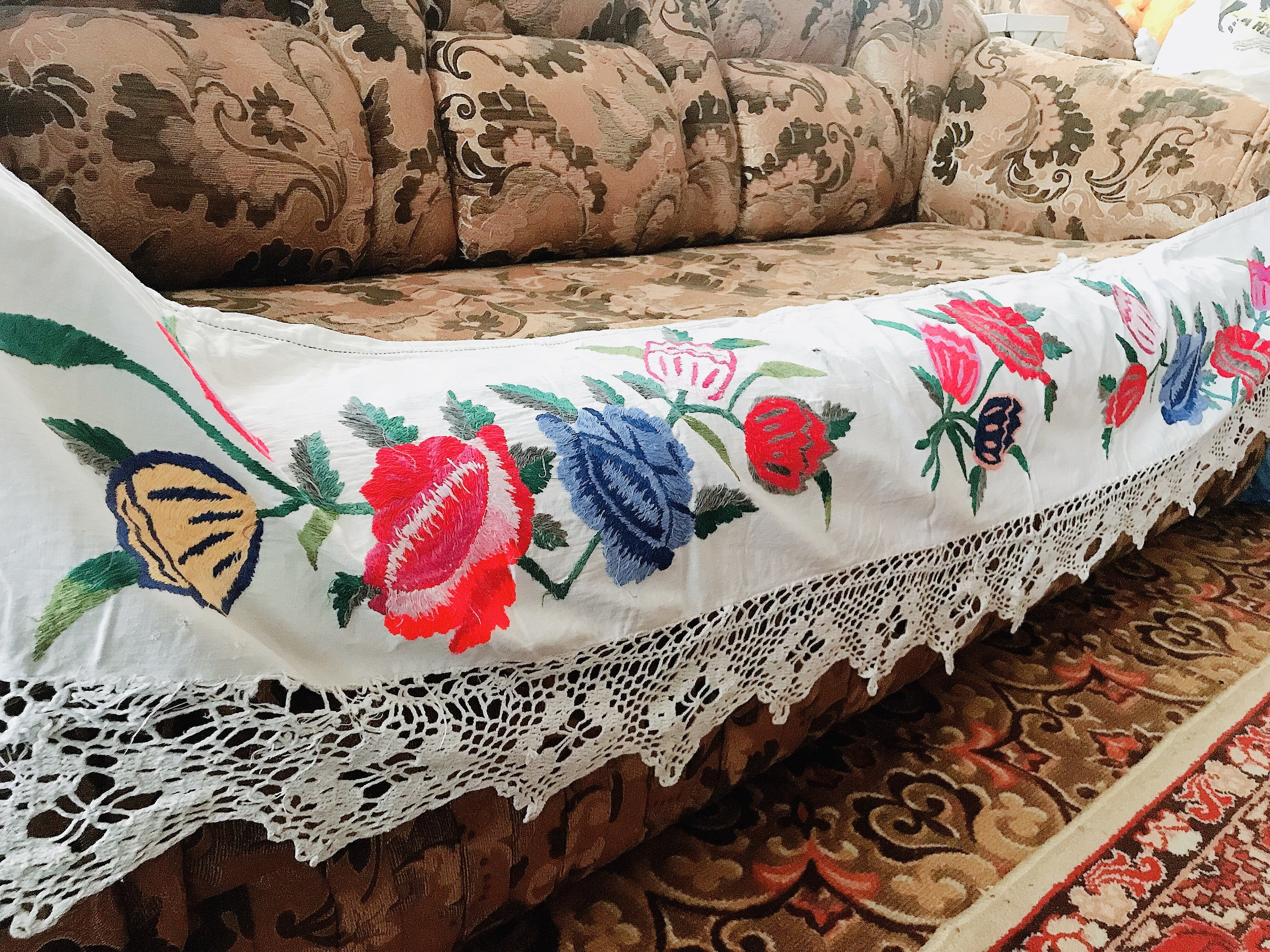 Hand embroidered ukrainian bed sheet valance antique vintage romanian homespun fabric traditional folk wedding cotton antique bed linen