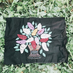 Embroidered painting Flowers in a vase, cross stitch on vintage fabric, embroidered paintings, Ukrainian tapestries, handmade