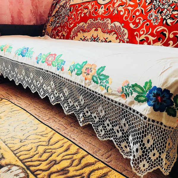 Brodé à la main drap de lit ukrainien cantonnière antique vintage roumain bure tissu traditionnel folklorique mariage coton antique linge de lit