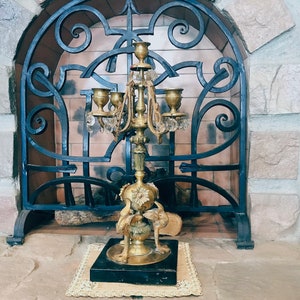 Vintage bronze candlestick with crystal pendants antique candlestick, 19th century