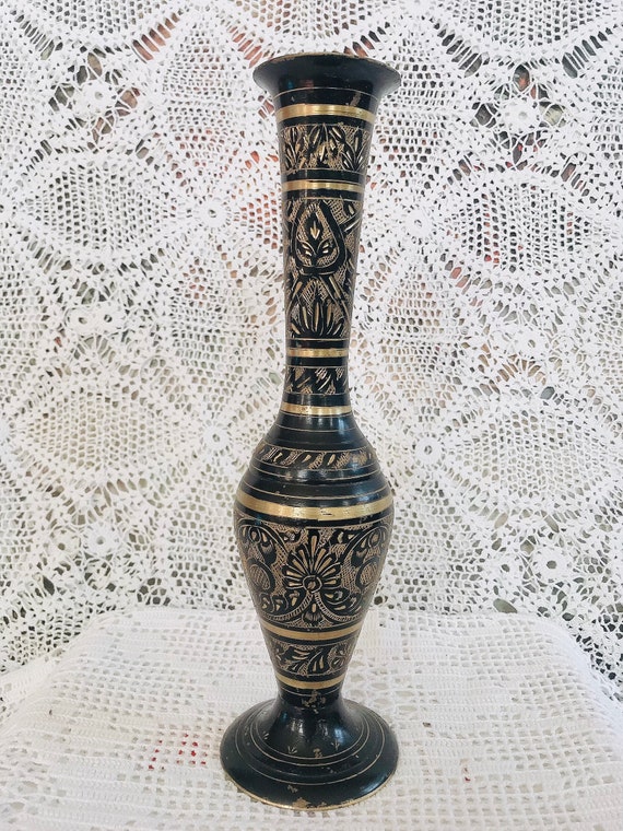Große Gravur Messing Vase 70er Jahre Vintage Geätzte Gravur Vase Vintage Messing Dekor, Indische Vintage Messing Dekor
