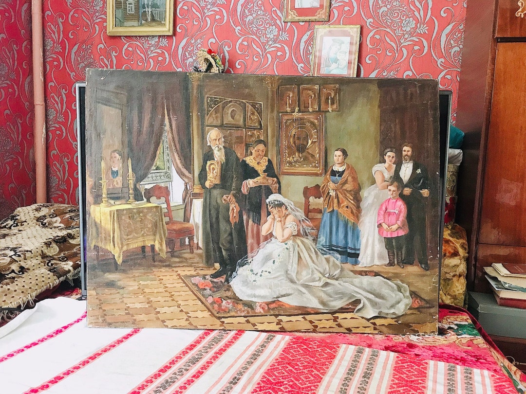 Large Antique Painting Unequal Marriage Bride Marriage Museum Piece 