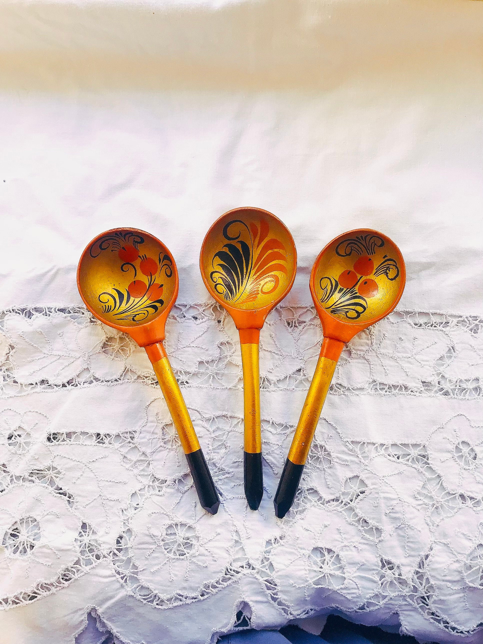 Antique Russian Traditional Khokhloma Wooden Spoons With Hand