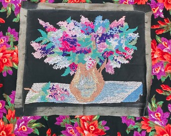 【80s】総刺繍！フランス流通 ヴィンテージラグ タペストリー チェーンステッチ 80s】総刺繍！ フランス製 ヴィンテージラグ タペストリー チェーン