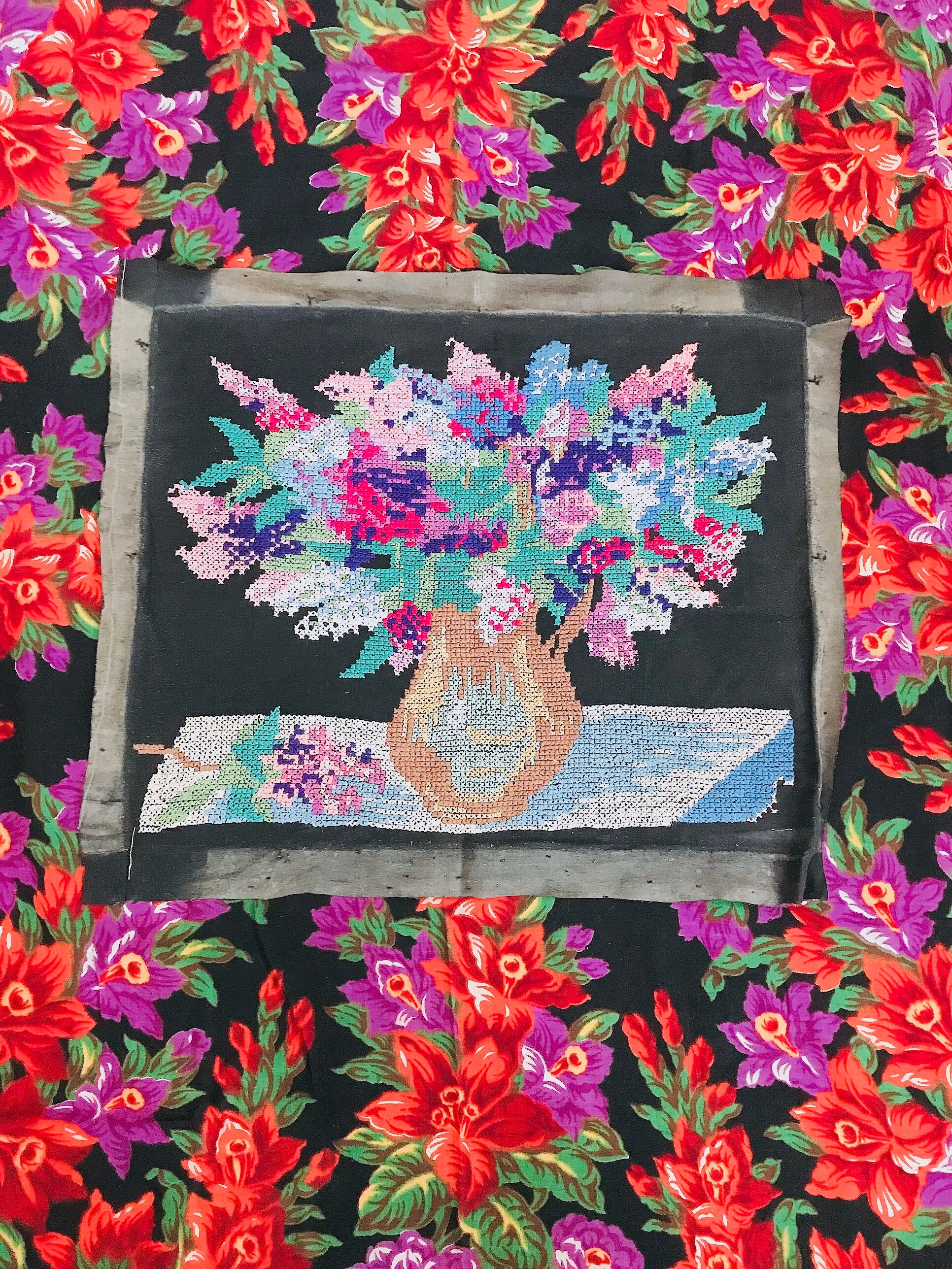 花 希少 ウクライナ刺繍 ヴィンテージ ハンドメイド刺繍 絵画