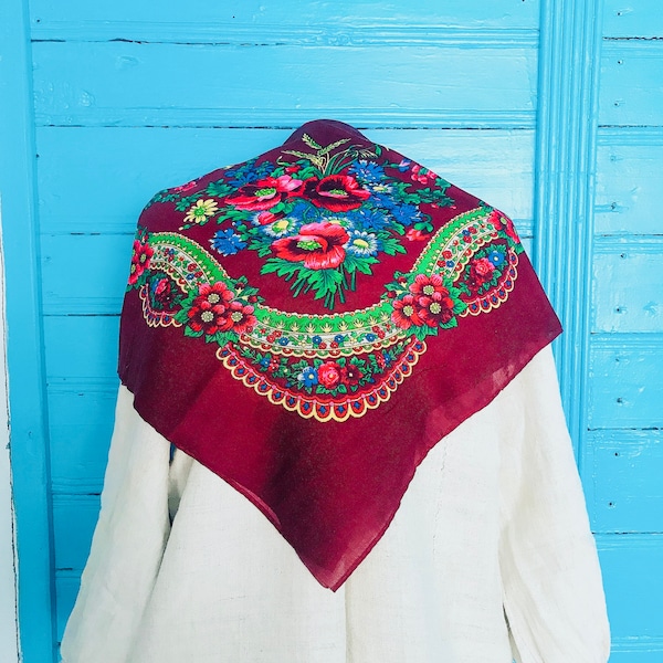 Vintage wool shawl, wool floral shawl, Russian floral scarf, Floral pattern, Ethnic Babushka , Flowers, USSR, Soviet Union