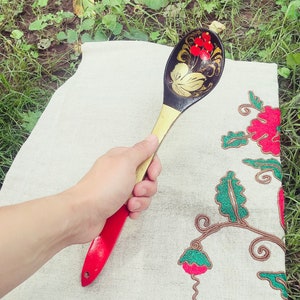 Antique Russian traditional Khokhloma wooden spoon with hand-painted / red gold and black / Russian ethnic crafts
