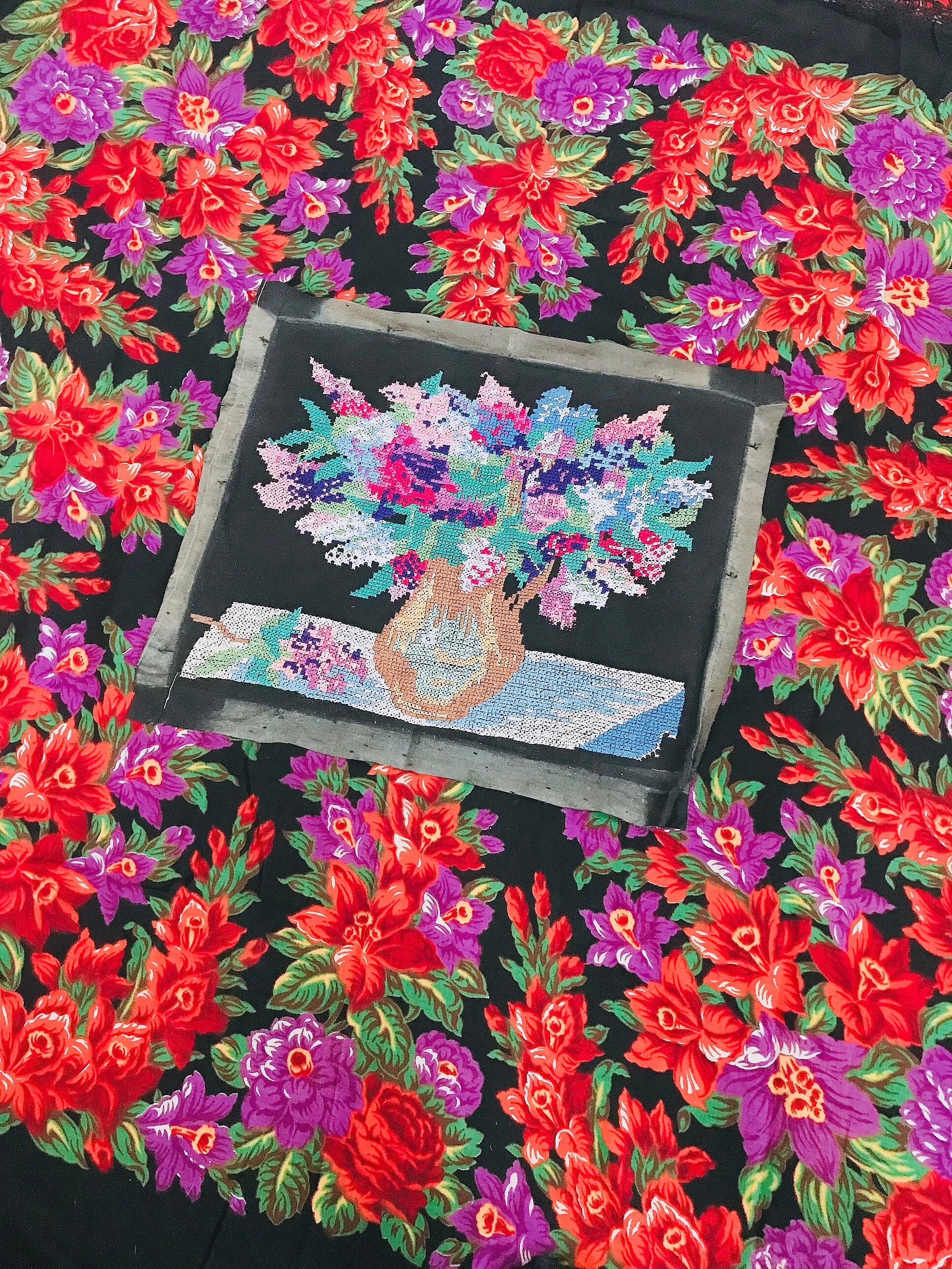 花 希少 ウクライナ刺繍 ヴィンテージ ハンドメイド刺繍 絵画