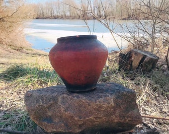 Antyczny ukraiński gliniany garnek, stary ceramiczny garnek, wykonany na Ukrainie, zabytkowy gliniany garnek, ekologiczny wystrój, oryginalny