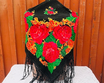 Châle Carré Traditionnel Ukrainien Vintage - Laine Multicolore Avec Pompons - Neuf Sans étiquettes