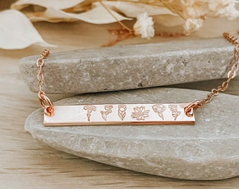 Family Birth Flowers Bar Necklace | Petite Bar | Flower Garden Jewelry Jewellery | Floral Blossoms | Gold Filled Flower Bar | Grandma Gift